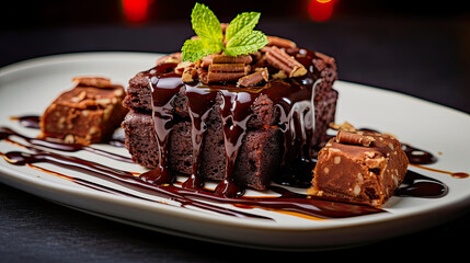 brownie slice on a white plate with chocolate sauce