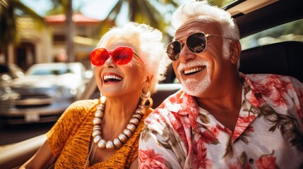 Portrait of senior couple smiling while sitting driving in car. Generative AI