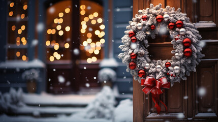 Snow-covered wreath on wooden door with christmas holiday decor