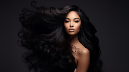 Naklejka premium Beauty Asian girl with blowing long healthy wavy hair. hairstyle, hair care. copy space