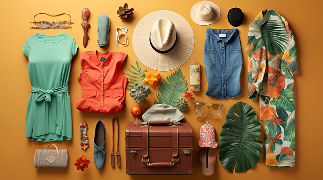 Knolling bird's-eye view of beach essentials on orange floor