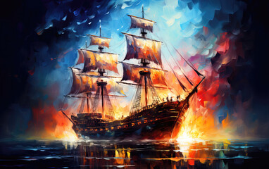 Sailing ship in fire on the water. Oil painting on canvas