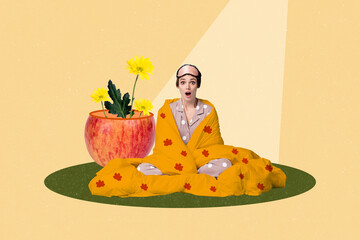 Picture illustration collage of young funny young girl wrapped blanket surprised cold fall morning...