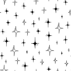Seamless pattern. Random size one color sparks. Modern stylish texture. Black and white background. Stars shining, sparkling, glowing, twinkling. Abstract texture with sparks.