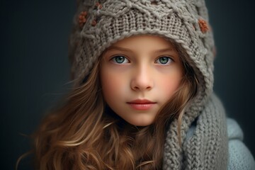 Portrait of a beautiful little girl in a knitted hat and scarf.