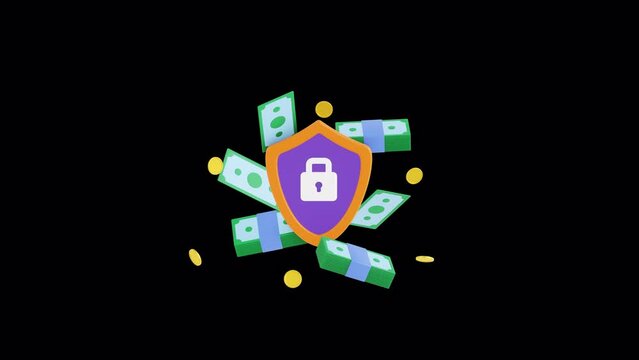 Money protection 3d animation, ALPHA channel. Banknotes, bills, coins and shield. Financial saving insurance, safe business economy, secure online payment. Investment, bank deposit, Cyber security