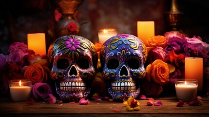 Day of the Dead sugar skulls decorated with flowers and candles