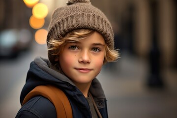 Portrait of a cute young boy wearing a warm hat and coat in the city.