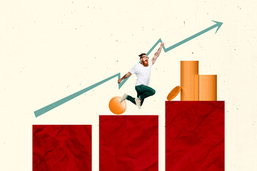 Collage artwork photo design of funny jumping overjoyed businessman fist up rise growing arrow investor stats isolated on beige background