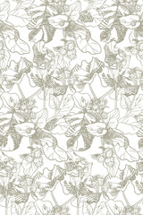 Burdock with flowers and leaves on white background. Blossom wildflowers for wallpaper, textile, wrapping paper. Sketch style. Hand drawn vector seamless pattern - 646989201