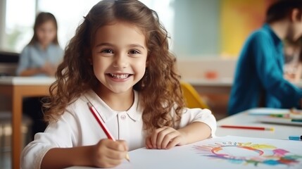 Excited little girl learns how to draw in an art class. Generative AI