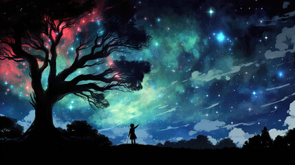 Silhouette of a boy standing under a tree and looking at the milky way