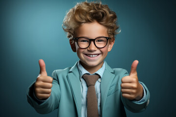smiling schoolboy wearing school uniform show thumb up finger on blue background. Back to school
