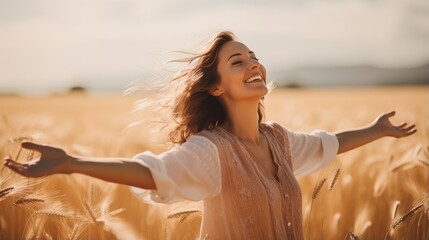 Joyful female breathing fresh air with arms outstretched enjoying freedom in a wheat field. Generative AI