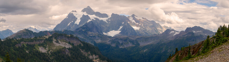 Panoramic View of the majestic Mt. Shuksan in the Cascade Mountain range. Shuksan is one of the...