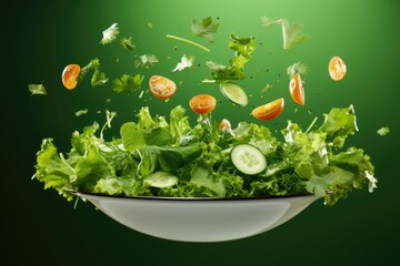 Splash split green vegetables floating in the air