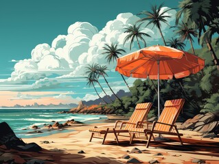Illustration on a beautiful beach with deck chairs and palm trees