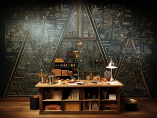 A blackboard full of text and graphics is in front of a solid wood cabinet