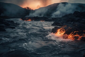 A stream of lava from a volcano flows into a river - obrazy, fototapety, plakaty