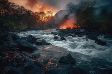 Fototapeta premium A stream of lava from a volcano flows into a river