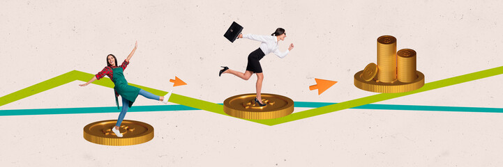 Panorama composite creative photo collage of happy housewife become business lady run at work to...