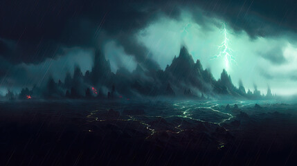 Fantasy landscape with lightning in the sky