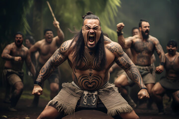 Fototapeta na wymiar Haka (New Zealand) - Traditional Maori dance form performed by a group, featuring powerful gestures, stomping, and chanting (Generative AI)