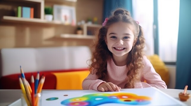 Excited little girl learns how to draw in an art class. Generative AI