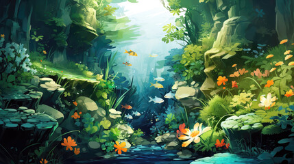 Fantasy forest with fishes, flowers and plants