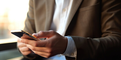 Businessman hands holding a smartphone, blurred background