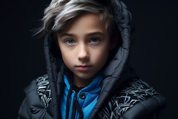 Portrait of a boy in a blue jacket on a black background.