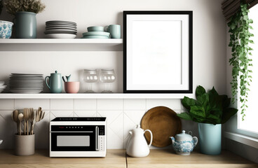 Frame mockup in Scandinavian kitchen interior, 3d render, AI gen