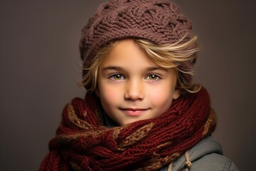 Portrait of a cute little girl in a warm hat and scarf. Winter fashion.