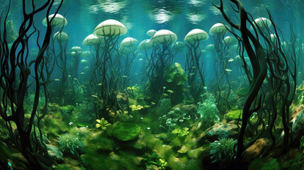Underwater world with jellyfish and algae