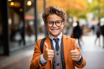 smiling schoolboy wearing school uniform show thumb up finger outdoor. Back to school