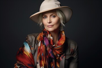Portrait of a beautiful woman in a hat and scarf. Studio shot.