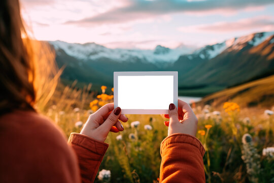 Girl hands holding instant film in blank with amazing mountain landscape as background