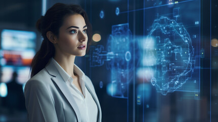 Futuristic AI Assistant in Digital Workspace: Young Female Entrepreneur Commands a Virtual Network with Voice