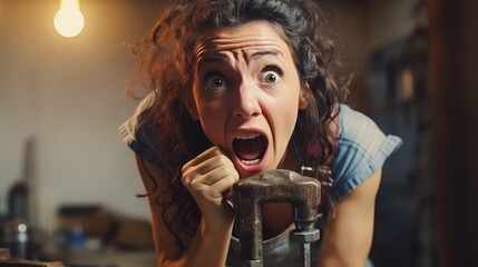 Funny desperate and exhausted woman has some problems making repairs in her home. Generative AI