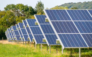 Solar Farm panels,producing green energy,in the Cotswolds area of Gloucestershire,England, United...
