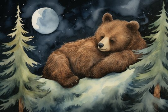 New bear sleeping under moon. Generate Ai