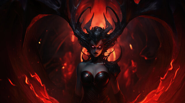 Succubus queen Lilith, seductive empress of hell and temptation, glowing red eyes, horned demonic crown with burning hellfire background, dark corrupt armor - generative AI