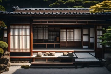 Traditional Japanese house with sliding doors and a Zen garden - AI Generative - obrazy, fototapety, plakaty