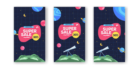 Super sale offer banner promotion story social media post with space planet galaxy for kid toddler student cute kawaii