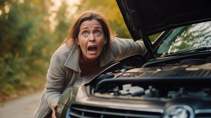 Funny desperate and exhausted woman has some problems with her car. Generative AI