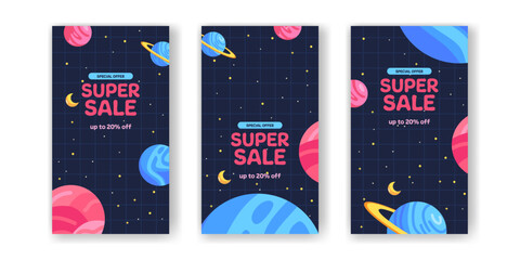 Super sale offer banner promotion story social media post with space planet galaxy for kid toddler student cute kawaii