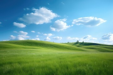 Obraz premium Green lawn under blue sky and white clouds