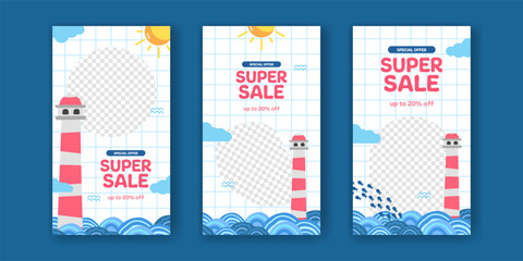 Super sale offer banner promotion social media stories post with sea ocean natural with lighthouse