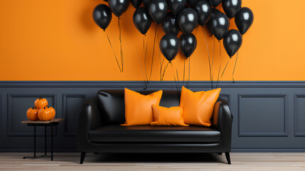 Black Halloween balloons, sofa on orange wall in room