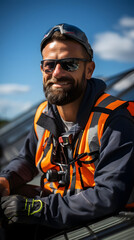 Obraz premium A skilled roofer meticulously working on a residential roof, ensuring precision and safety.
